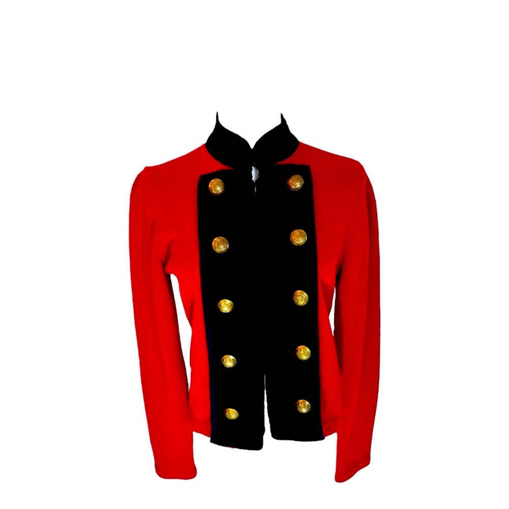 Lauren Ralph‎ Lauren VTGE Med Petite red ,black velvet gold  military cardigan